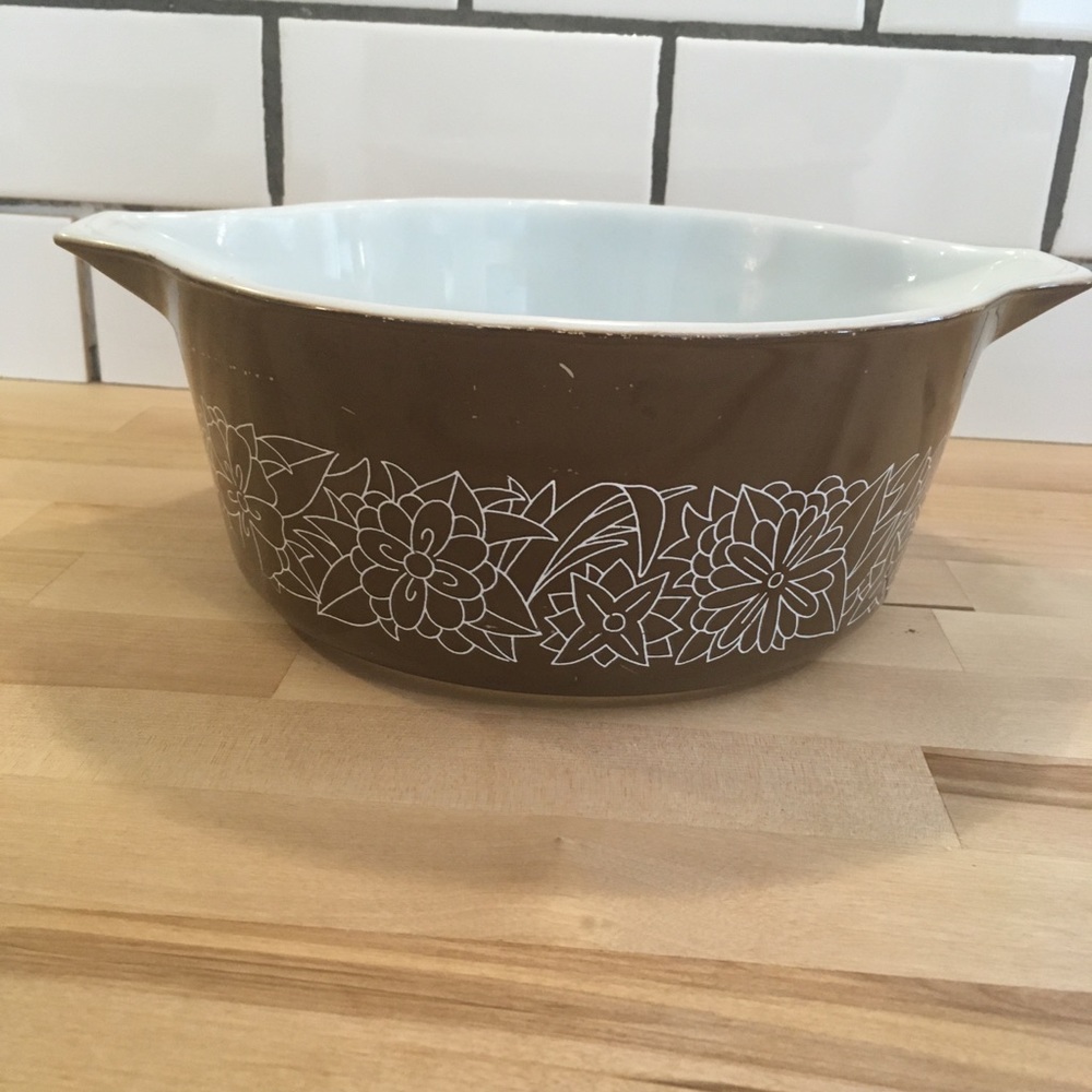 Retro Pyrex Casserole Dish 1970s Woodland Print Brown